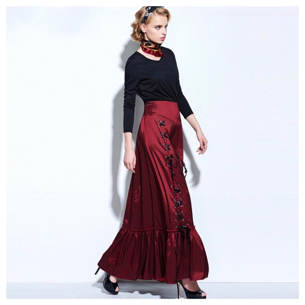 Red Silky Lace Up Trumpet Skirt - Picture 3 of 6